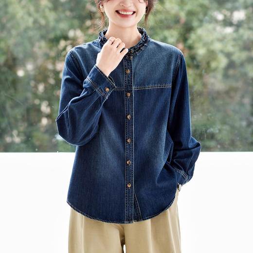 丁摩 复古蓝牛仔衬衫外套女长袖春装新款加厚木耳领上衣外穿衬衣6ZF-61035 商品图2