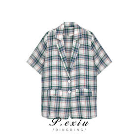 03-3潘依绣丁丁宠粉潘依绣 100%苎麻休闲百搭格子短袖西装外套 MY23157
