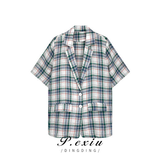 03-3潘依绣丁丁宠粉潘依绣 100%苎麻休闲百搭格子短袖西装外套 MY23157 商品图0