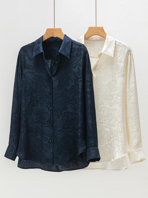 丁摩 新款动物森林提花桑蚕丝衬衫女春夏真丝衬衣中长款长袖上衣6ZF-3161 商品图0