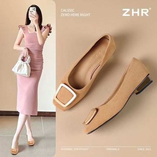 ZHR绒面浅口单线女软底方头奶奶2025新款一脚蹬法式气质豆豆单鞋 商品图1