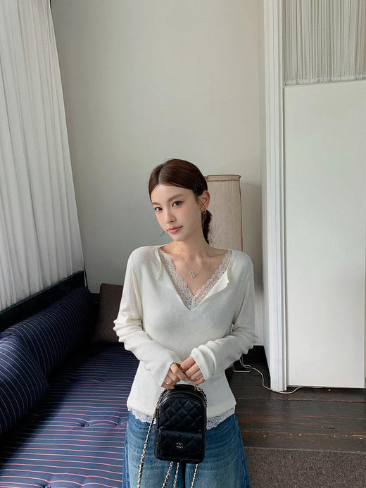 纯欲自带柔美拼蕾丝100%超细美利奴羊毛假两件针织衫 商品图5