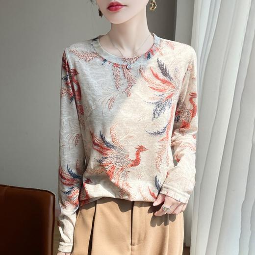 百媚生 早春新款圆领印花长袖T恤国风打底薄上衣R-M140 商品图3