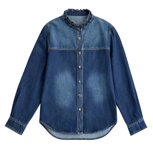 丁摩 复古蓝牛仔衬衫外套女长袖春装新款加厚木耳领上衣外穿衬衣6ZF-61035 商品图4