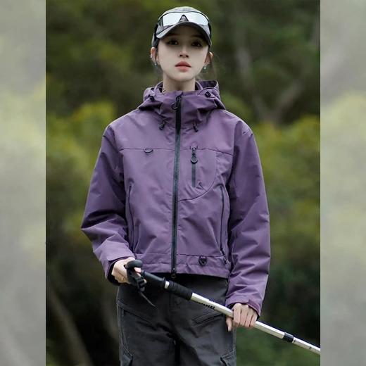 百媚生 户外女休闲冲锋衣运动紫色连帽登山服短款外套2689 商品图1