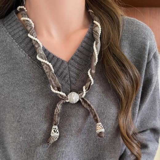 雀说 腰果花缠绕珍珠丝巾系脖项链配饰2387 商品图0