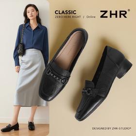 ZHR则则头层牛皮真皮中口粗跟高跟单鞋小皮鞋2025新款通勤一脚蹬