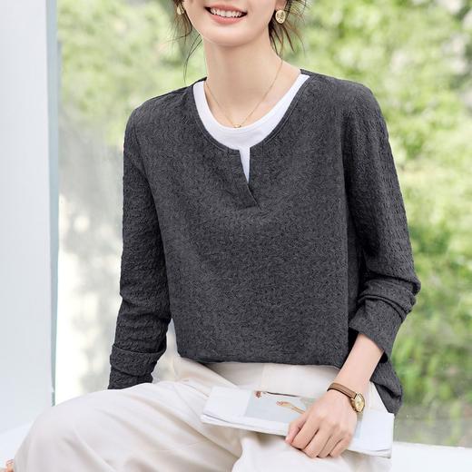 丁摩 假两件撞色T恤女士长袖新款春秋洋气气质宽松显瘦内搭打底衫6ZF-10132 商品图2