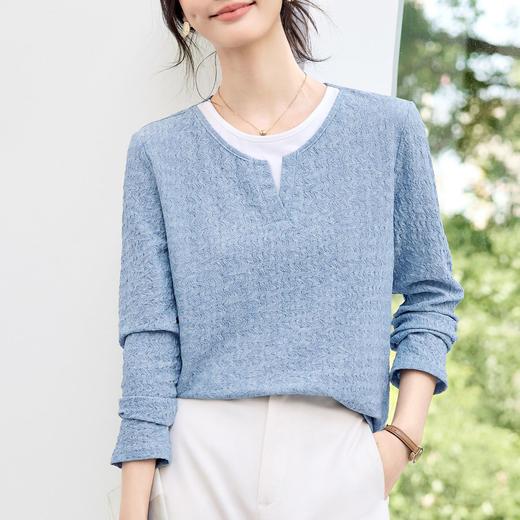 丁摩 假两件撞色T恤女士长袖新款春秋洋气气质宽松显瘦内搭打底衫6ZF-10132 商品图0