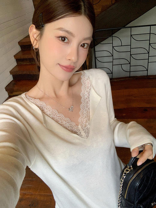 纯欲自带柔美拼蕾丝100%超细美利奴羊毛假两件针织衫 商品图3