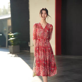 丁摩 本命年红色战袍 真丝连衣裙女夏100%桑蚕丝气质显瘦中长裙子6ZF-80162