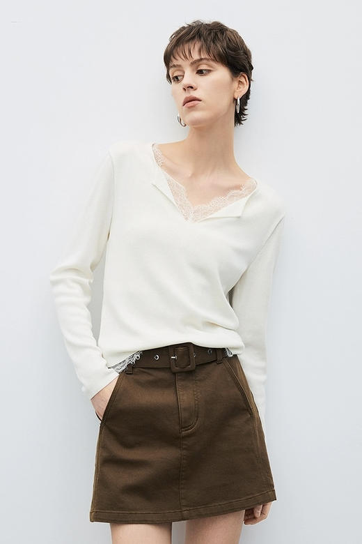 纯欲自带柔美拼蕾丝100%超细美利奴羊毛假两件针织衫 商品图1