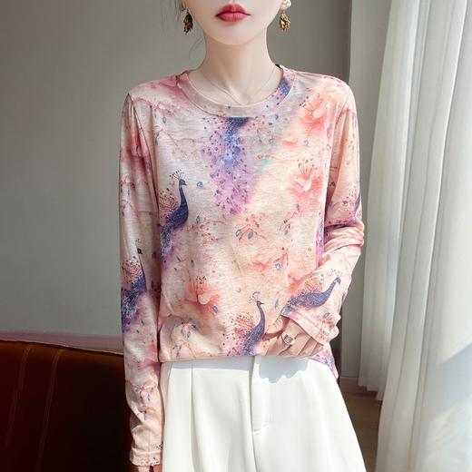 百媚生 早春新款圆领印花长袖T恤国风打底薄上衣R-M140 商品图1