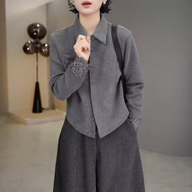 丁摩 高端复古蕾丝拼接翻领长袖衬衫女春秋高级感磨毛内搭打底上衣6ZF-0048