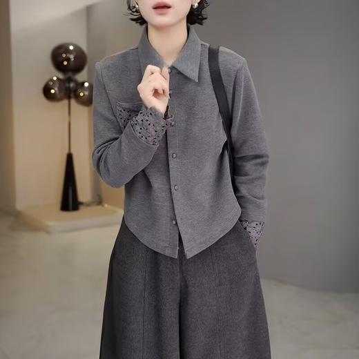 丁摩 高端复古蕾丝拼接翻领长袖衬衫女春秋高级感磨毛内搭打底上衣6ZF-0048 商品图0