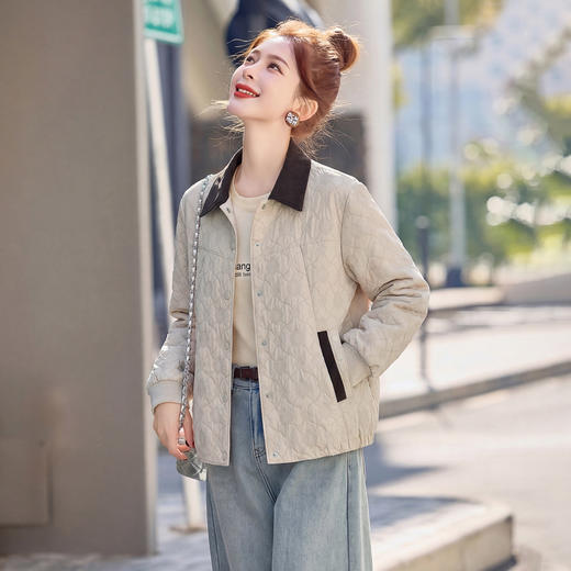 丁摩 时尚撞色翻领提花外套女春秋宽松洋气减龄上衣6ZF-9052 商品图3