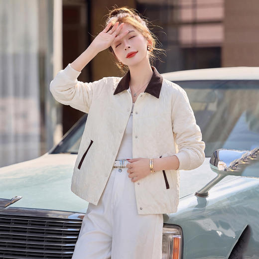 丁摩 时尚撞色翻领提花外套女春秋宽松洋气减龄上衣6ZF-9052 商品图5