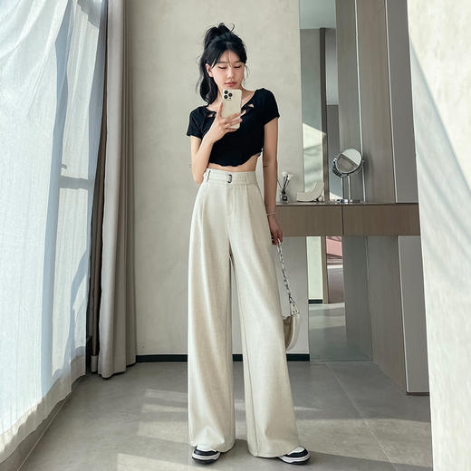 西装环扣设计款 米白色西装阔腿裤 女春夏新款高腰高奢感垂感百搭直筒裤 休闲西裤 商品图2