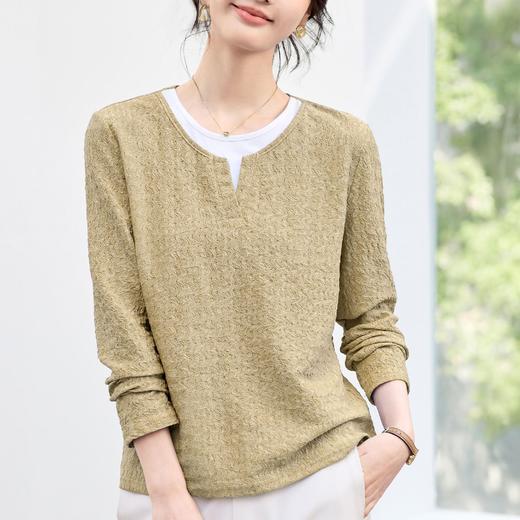 丁摩 假两件撞色T恤女士长袖新款春秋洋气气质宽松显瘦内搭打底衫6ZF-10132 商品图1