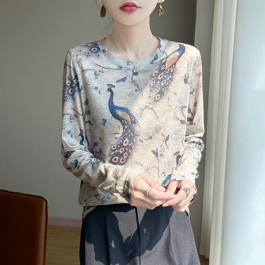 百媚生 早春新款圆领印花长袖T恤国风打底薄上衣R-M140 商品图2