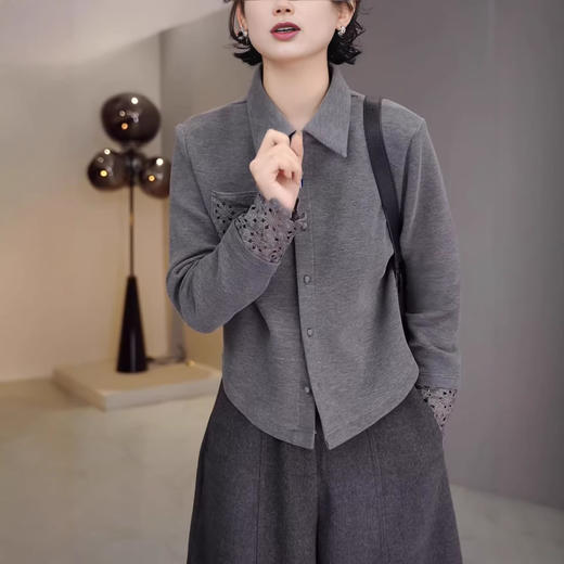 丁摩 高端复古蕾丝拼接翻领长袖衬衫女春秋高级感磨毛内搭打底上衣6ZF-0048 商品图1