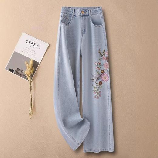 丁摩 深蓝色国风绣花洗水窄版阔腿牛仔裤女春秋新款高腰垂感直筒裤6ZF-1956 商品图1