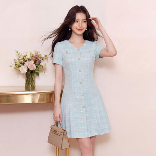 奢姿大码女装2026夏季格纹减龄小香风连衣裙胖妹妹V领百褶裙子9962860047 商品图4