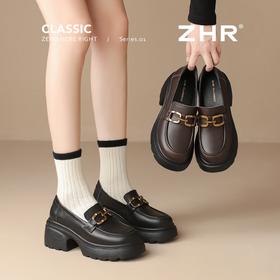 ZHR则则头层牛皮学院风乐福鞋百搭7CM增高小个子粗跟小皮鞋AY308