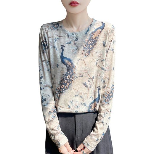 百媚生 早春新款圆领印花长袖T恤国风打底薄上衣R-M140 商品图4