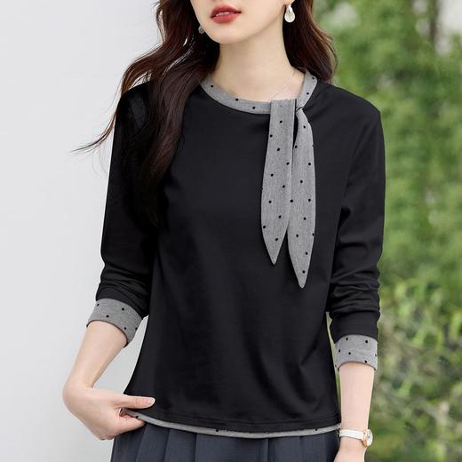 百媚生 棉质正肩圆领丝巾系带长袖T恤XS82610073 商品图1