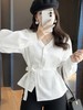 韩系气质V领绑带收腰长袖衬衫 女春季设计衬衫 感显瘦通勤开衫法式上衣 商品缩略图2