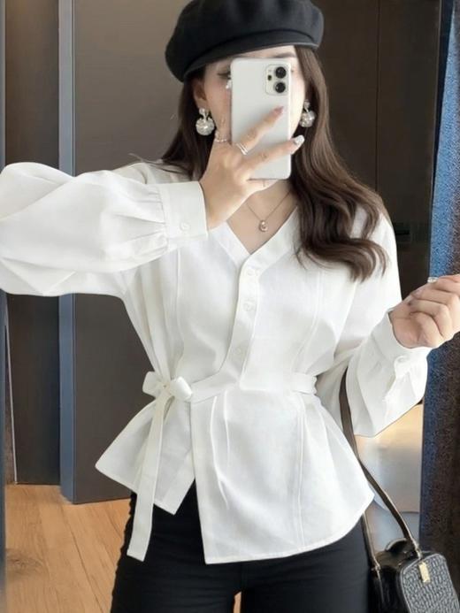 韩系气质V领绑带收腰长袖衬衫 女春季设计衬衫 感显瘦通勤开衫法式上衣 商品图2