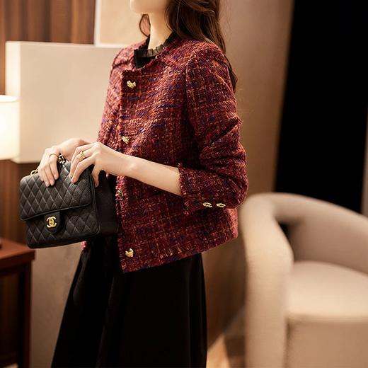 丁摩 羊毛小香风外套高级感 红色粗花呢短款春季穿搭女装装上衣6ZF-2007 商品图2