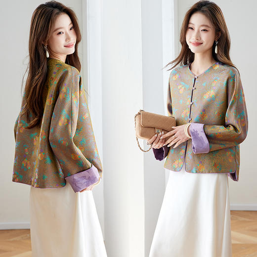 百媚生 轻奢织金提花外套新中式国风复古上衣66108 商品图2