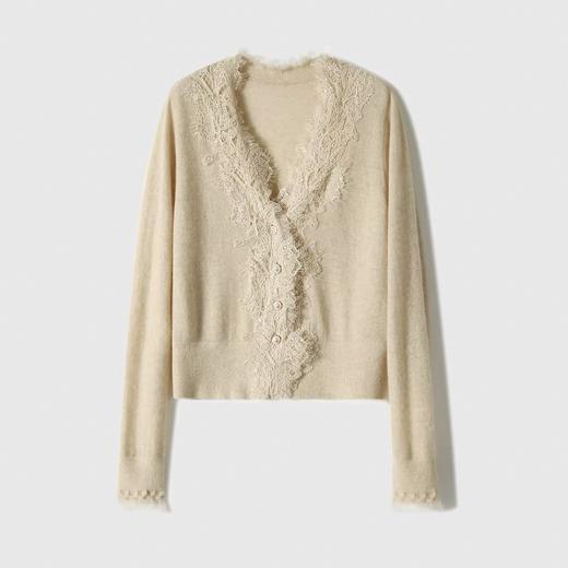 法式v领~小山羊绒蕾丝气质两面长袖羊绒衫上衣女 商品图0