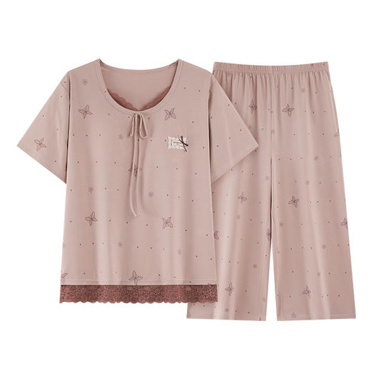 雀说 莱赛尔棉带胸垫女士短袖七分裤简约舒适居家可外穿睡衣套装 商品图4