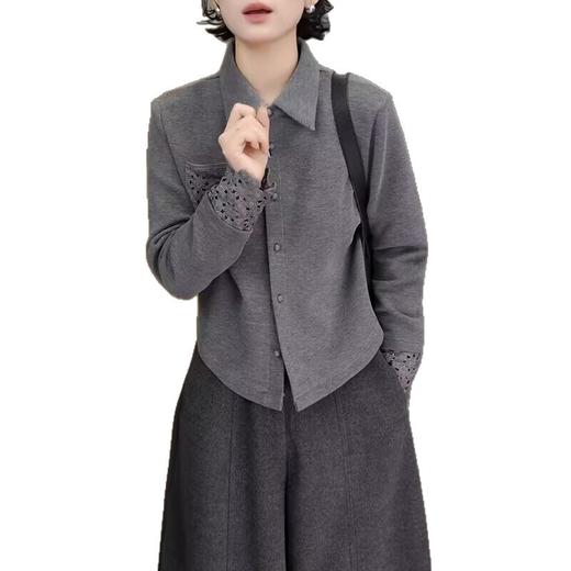 丁摩 高端复古蕾丝拼接翻领长袖衬衫女春秋高级感磨毛内搭打底上衣6ZF-0048 商品图4
