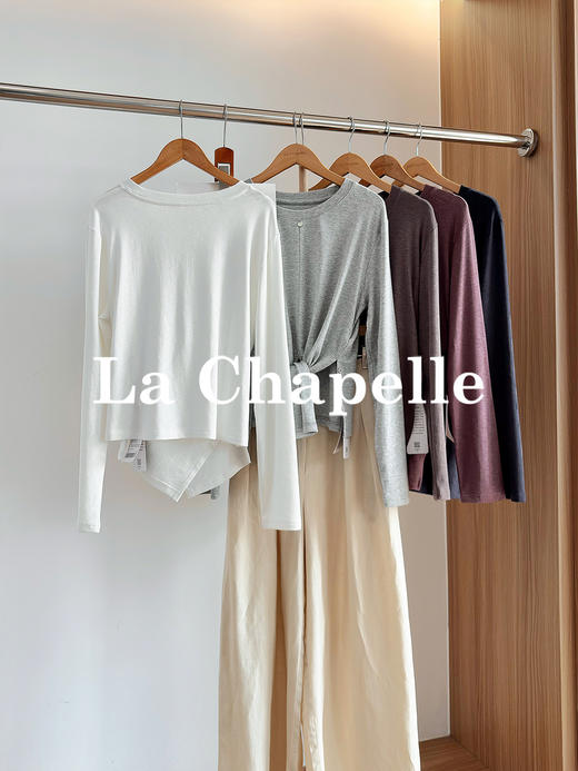 专柜实拍【舒适有型】拉夏贝尔/La Chapelle五色净版圆领贝壳扣下摆交叉通勤设计长袖T显瘦打底衫 商品图1