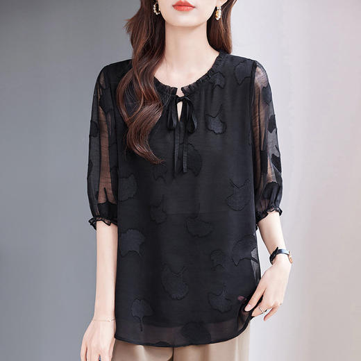大码七分袖雪纺衫夏2026新款高端女装黑色上衣宽松洋气中袖小衫女 商品图1