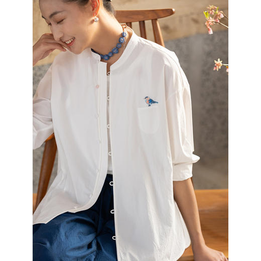 牧衣游原创 手工刺绣60支纯棉净色衬衫新款通勤简约百搭衬衣 皎月 商品图1