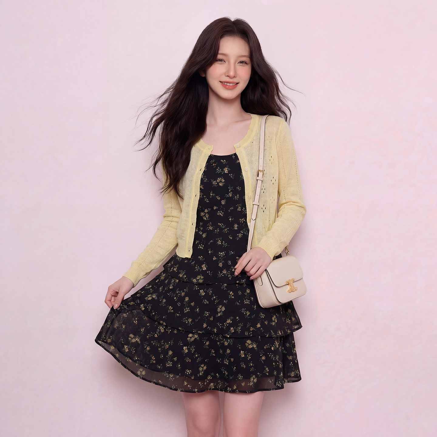 奢姿大码女装2026夏季减龄碎花蛋糕裙两件套胖妹妹镂空时尚套装9962965168AB