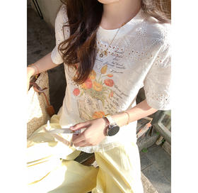 <曾小咸推荐>韩系蕾丝镂空宽松短袖t恤女