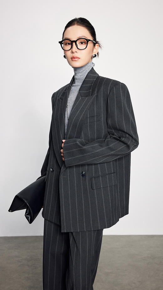 法小曼*子珍条纹气质西装套装高级显瘦休闲风宽松灰色西服 商品图8