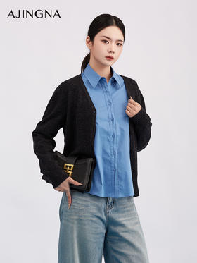 【商场同款】阿菁娜春季新款高级灰蓝纱开衫炭灰底夹蓝纱层次感V领A30D318011