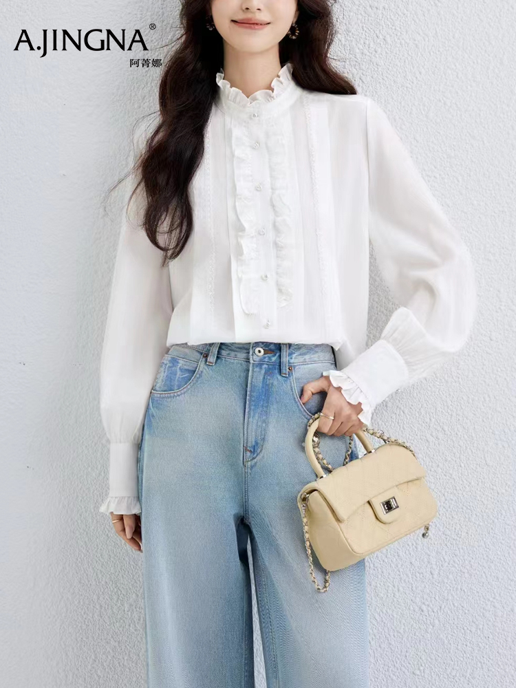 【法式】阿菁娜春夏新款法式温柔感衬衫木耳边立领纯净简约气质之选F31C201007