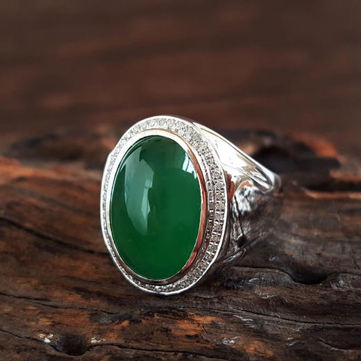 【天然正品】A货翡翠AU750收藏级白金镶钻镶天然细腻满绿冰种蛋面翡翠戒指23号（戒圈可改）280226NJS37 商品图3