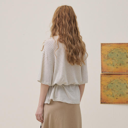 谜底印花T恤短袖2026年夏季新品复古条纹宽松随性休闲女262MT0609 商品图2