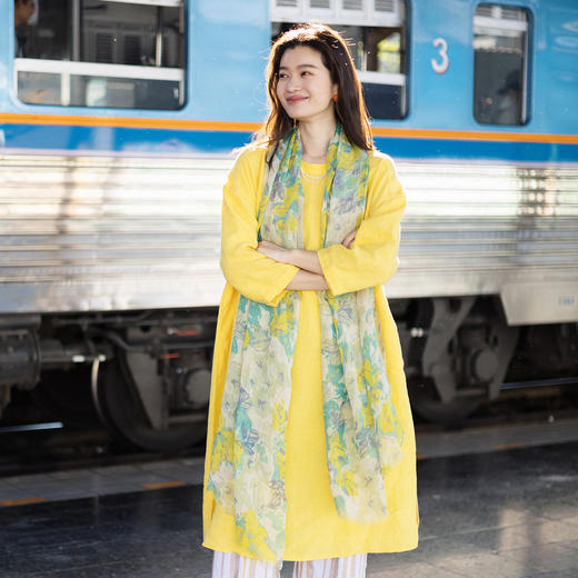 绽放/LSX026朵春花*纯亚麻春夏绿底印花搭配感围巾春日小清新女 商品图1