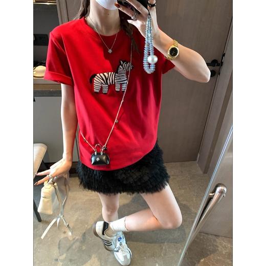 雀说设计感卡通刺绣斑马圆领宽松百搭短袖T恤 ALWMQ1133 商品图0