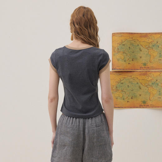 谜底撞色T恤短袖2026年夏季新品亲肤棉质弹力舒适贴身女262MT0677 商品图2